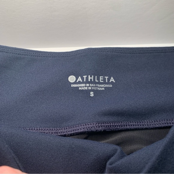 SOLD Athleta Leggings Track Tux Pants Small Navy with Brown Stripe Zip Pockets - Picture 2 of 12